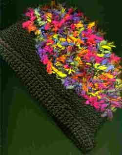 Black crocheted hat with multi-colored feather yarn